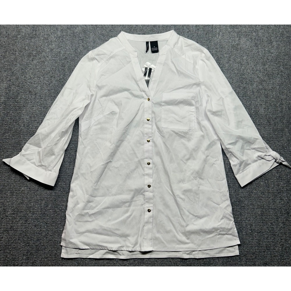 New Directions Tunic Top Womens M White Button Down 3/4 Sleeve Stretch New